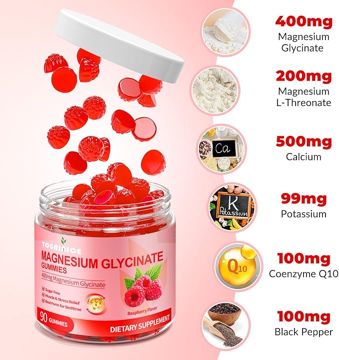 Magnesium Glycinate Gummies 400mg for Adult & Kids,90 Ct Sugar Free Magnesium Gummies with Potassium Magnesium Supplement for Women & Men,Sleep Msucle & Engergy Support,Raspberry Flavor,2 Pack