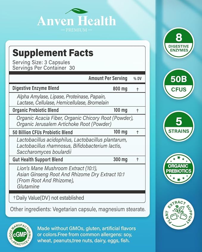 Digestive Enzymes with Probiotics Prebiotics for Women Men - Multi Enzyme for Bloating Relief, Gas, Constipation, Digestive & Gut Health, Vegan & Non-GMO | 90 Capsules