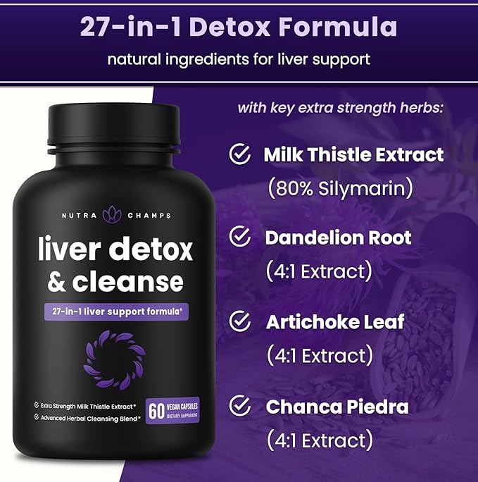 NutraChamps Liver Cleanse Detox & Repair Formula, 20+ Herbs: Milk Thistle Extract with Silymarin, Artichoke, Dandelion, Chicory Root Powder, Liver Support Pills Supplement, 60 Capsules