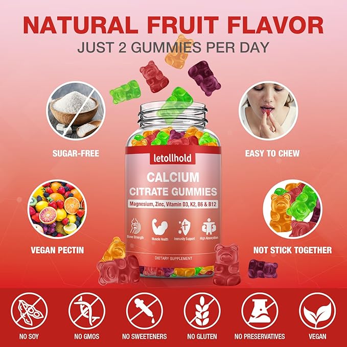 Calcium 1200mg with Vitamin D3, K2, Calcium Citrate Gummies with Magnesium Zinc, Calcium Supplements for Women for Bones Strength, Muscle & Immune Support, 60 Chewable Gummies