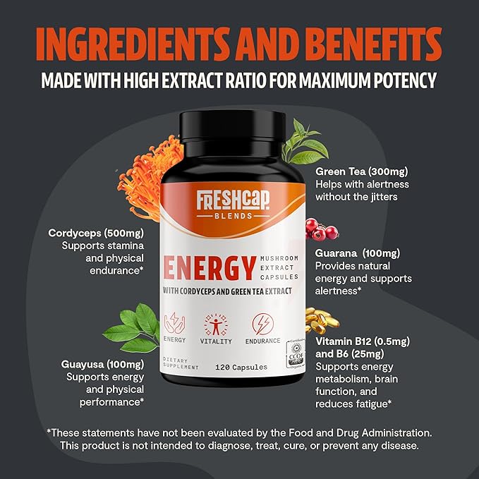 FreshCap 5-in-1 Energy Supplements, Energy Supplements for Women and Men, Energy Boosters for Fatigue, Energy Support, Cordyceps Extract, Ayurveda Cordyceps Mushroom Blend Capsules (120 Capsules)