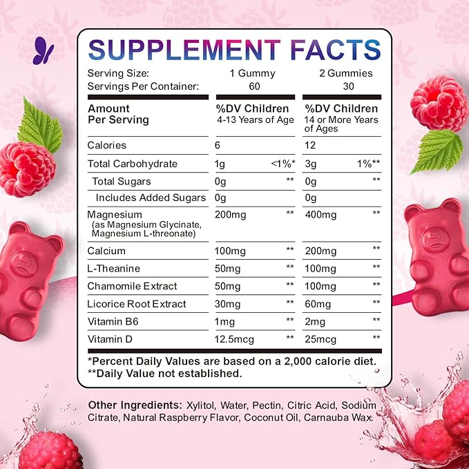 Kids Magnesium Gummies, Magnesium Glycinate, L-Threonate Gummies for Kids & Adults with L-Theanine, Chamomile, Licorice, Vitamin D, B6 for Sleep, Relaxation, Brain & Muscle, Sugar Free Raspberry 60ct