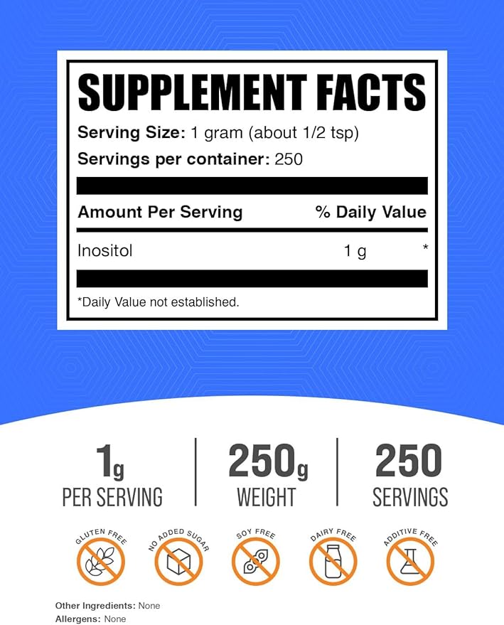 BulkSupplements.com Inositol Powder - Inositol Supplement, Vitamin B8 Supplement - Unflavored & Gluten Free, 1g per Serving, 250g (8.8 oz) (Pack of 1)
