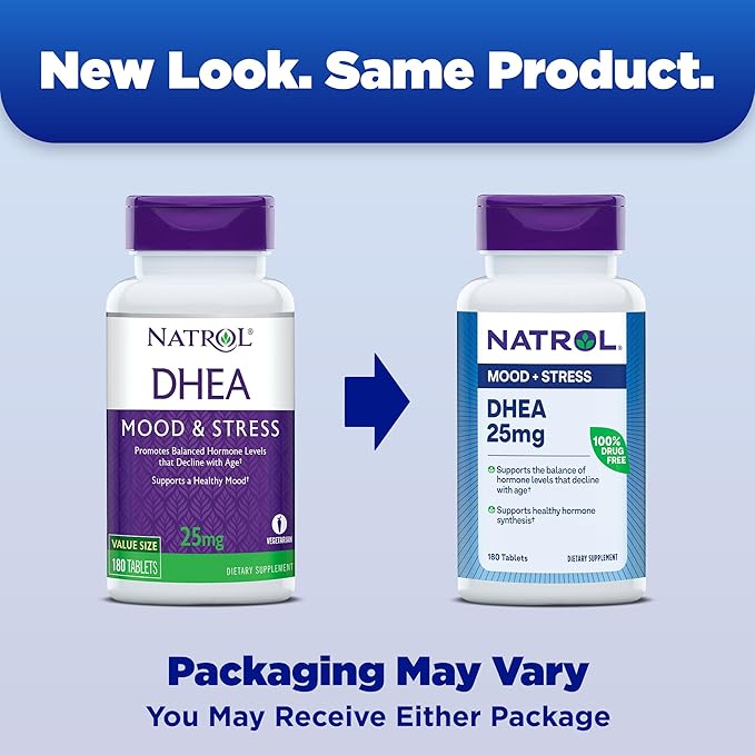 Natrol Mood & Stress DHEA 25mg with Calcium, Dietary Supplement for Balance of Certain Hormone Level and Mood Support, 180 Tablets, 180 Day Supply (Pack of 12)