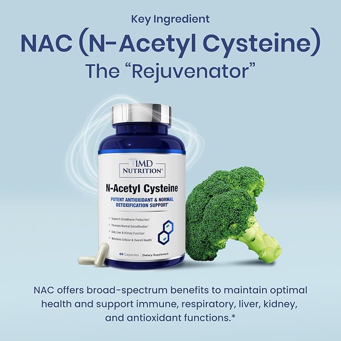 1MD Nutrition NAC Supplement N-Acetyl Cysteine - NAC 600 mg - Antioxidant Supplement Supports Detox and Glutathione Production - N Acetylcysteine Respiratory Supplement for Lung Health - 60 Capsules