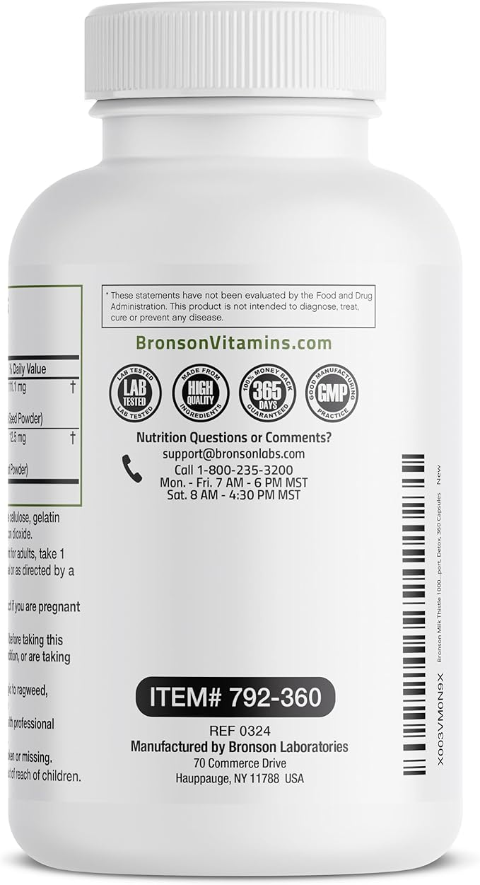 Bronson Milk Thistle Silymarin Marianum & Dandelion Root Liver Health Support, Antioxidant Support, Detox, 360 Capsules