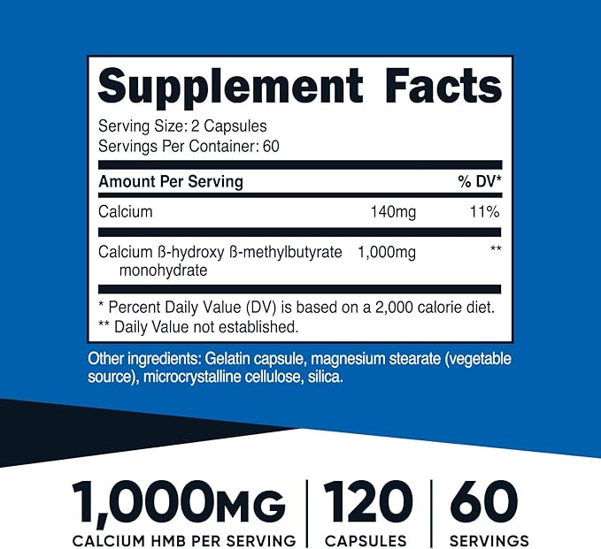 Nutricost HMB (Beta-Hydroxy Beta-Methylbutyrate) 1000mg (120 Capsules) - 500mg Per Capsule, 60 Servings - Gluten Free and Non-GMO