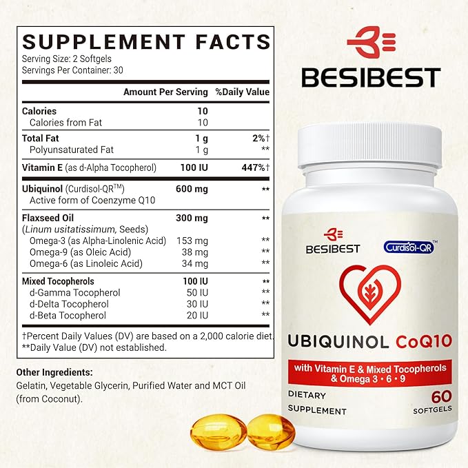 Ubiquinol CoQ10-600mg-Softgel, Active Coq10 Ubiquinol Supplement with Vitamin E & Omega 3, 6, 9, High Absorption-Coenzyme-Q10, Powerful Antioxidant for Energy Production, Tested, 60 Count