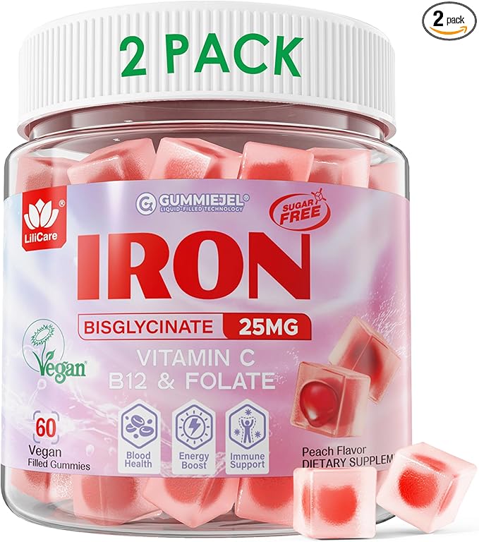 Vegan Iron Supplement for Women 25mg, Sugar Free Iron Gummies with Vitamin C, Methy B12, Folate for Energy Boost, Iron Deficiency, No After Taste, Peach Flavor - 60 Count (Pack of 2)