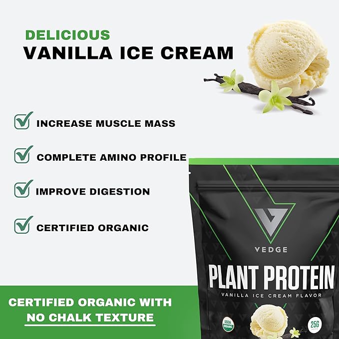 vedge Certified Organic Plant Protein Vanilla Ice Cream (20 Servings) - Plant-Based Vegan Protein Powder, USDA Organic, Gluten Free, Non Dairy Nutrition Plant Protein