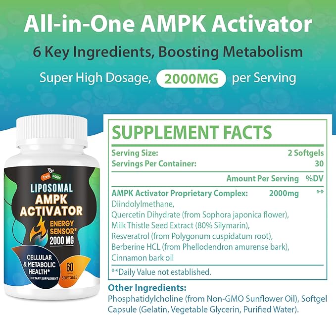 AMPK Activator Supplement 2000mg- Liposomal Technology - High Absorption Berberine, DIM, Resveratrol, Quercetin, Milk Thistle, Cinnamon- 60 Softgels for Energy & Cellular Support