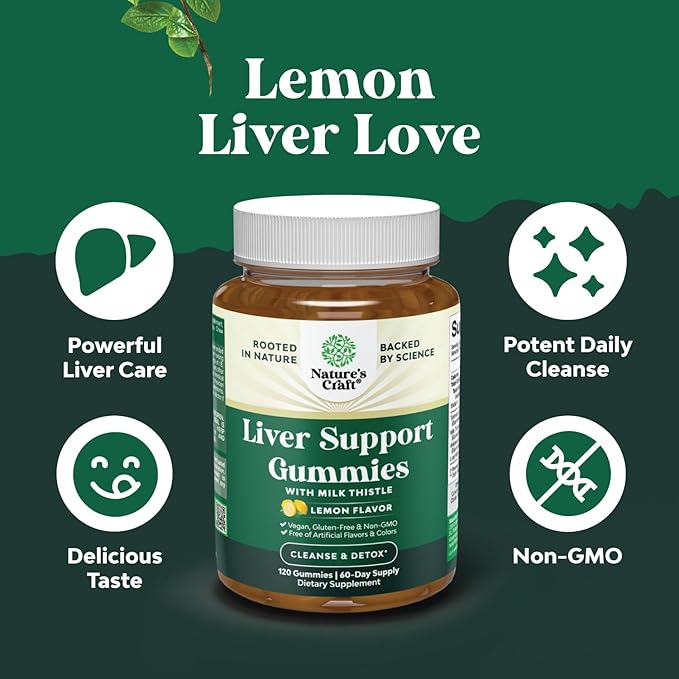 Natures Craft Cleansing Herbal Liver Detox Gummies Liver Support Milk Thistle Gummies with Artichoke Extract Turmeric Curcumin and L-Carnitine - Vegan and Non-GMO - Sweet Lemon (60 Servings)