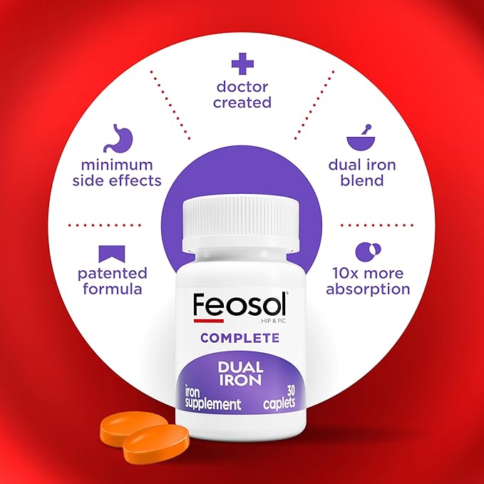 Feosol Complete Iron Supplement Tablets, Non-heme, 325mg Ferrous Sulfate (65mg Elemental Iron) per Iron Pill, 1 Per Day, 30 Count (Pack of 2, Total 60 Count), for Energy and Immune System Support