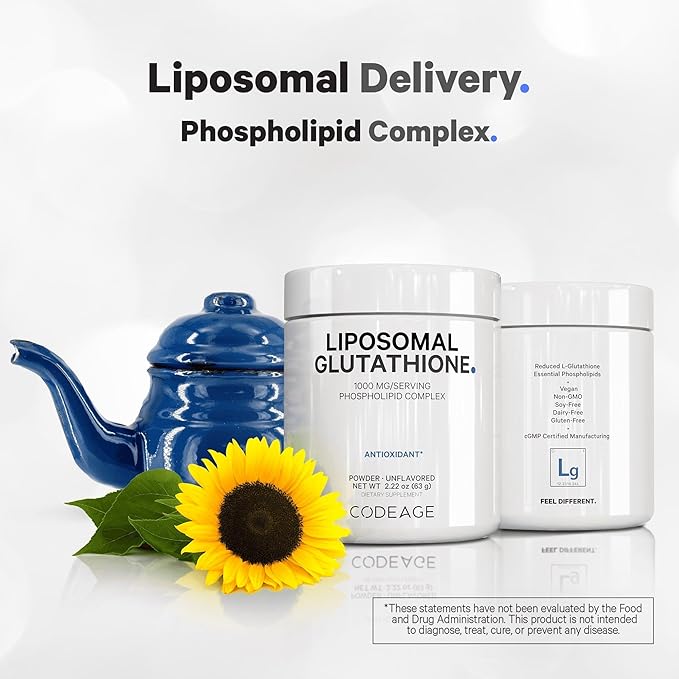 Codeage Liposomal Glutathione Powder - 1,000 mg L-Glutathione per Serving, Liposomal Delivery - 2-Month Supply - Vegan Reduced L-Glutathione - Unflavored - Phospholipid - Non-GMO Gluten-Free - 2.22 Oz