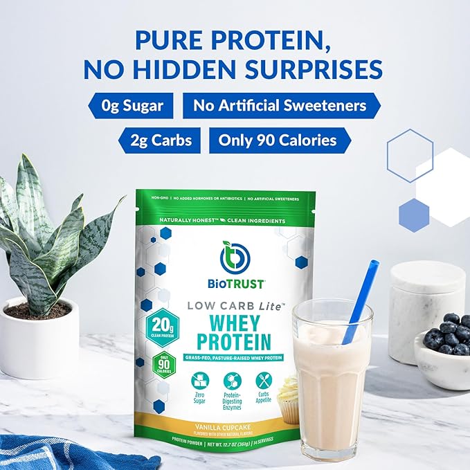 BioTrust Low Carb Lite, 20 Grams of Grass-Fed Whey Protein Isolate, 100 Calories, ProHydrolase Digestive Enzymes, Non-GMO, Free from Soy and Gluten, rBGH-Free (14 Servings) (Vanilla Cupcake)