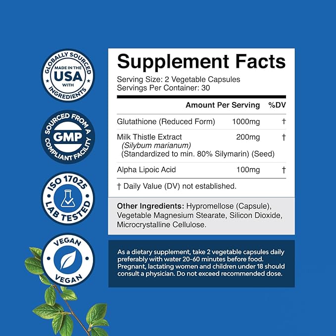 Skin Brightening Glutathione Supplement with Milk Thistle 1000mg - Glutathione Skin Whitening Capsules with Alpha Lipoic Acid for Liver Care, Energy Support & Immune Help - for Men & Women - 60 Count