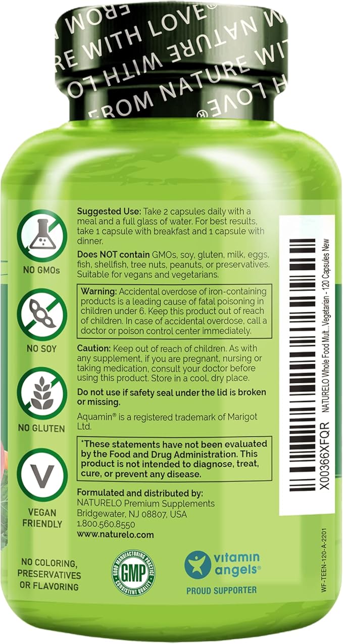 NATURELO Whole Food Multivitamin for Teens - Vitamins and Minerals for Teenage Boys and Girls - Supplement for Active Kids - with Organic Whole Foods - Non-GMO - Vegan & Vegetarian - 120 Capsules