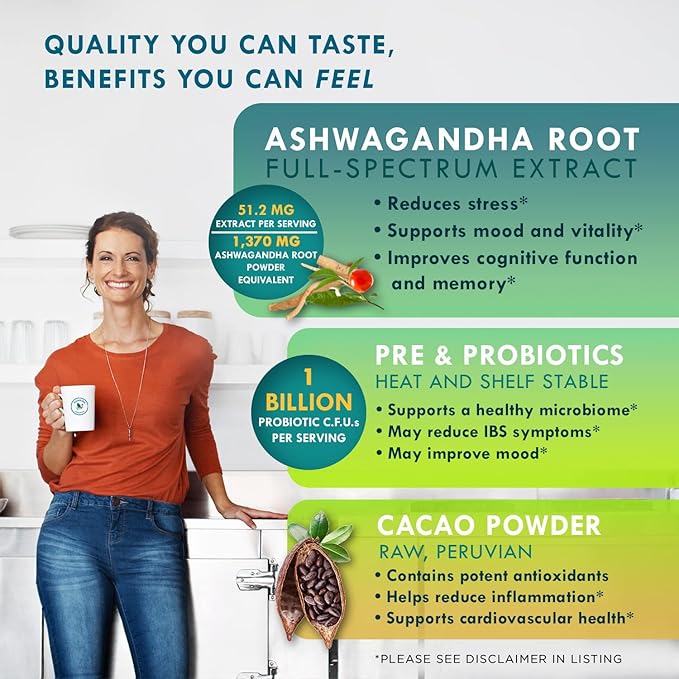 Chocolate Ashwagandha Powder with Probiotics. Healthy Hot Chocolate & Smoothie Mix. Organic Ashwagandha Root Extract, Cacao Powder & Prebiotic Fiber.