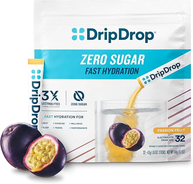DripDrop Hydration - Zero Sugar Passion Fruit - Electrolyte Drink Mix Single Serve Hydration Powder Packets | Non-GMO, Gluten Free, Vegan | 32 Sticks