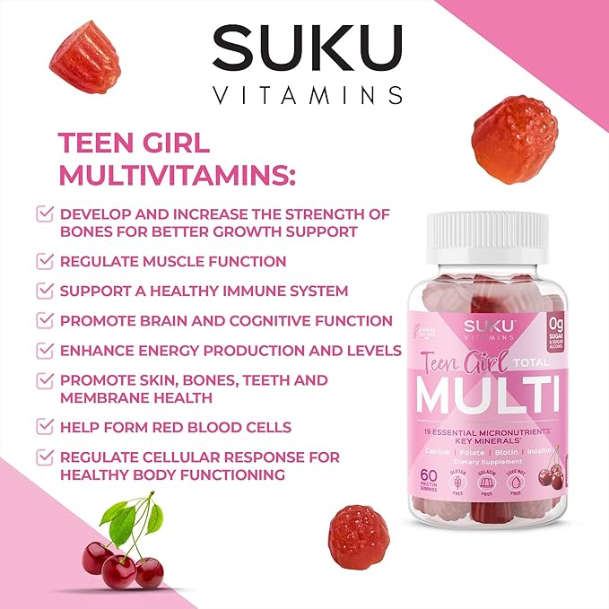 Teen Girl Gummies – Sugar Free Vegetarian Gummy Vitamins Supplement with 19 Essential Nutrients Strengthens Bones, Muscles, Enhances Energy & Skin Health – Cherry Flavor (60 Count)