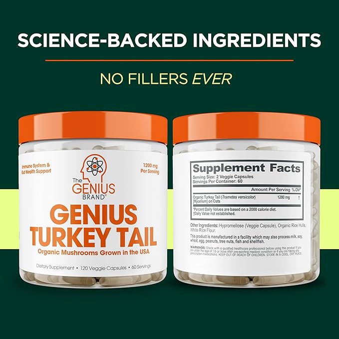 Genius Turkey Tail Mushroom Supplement – Immune & Gut Health Support Powerful Antioxidants & Prebiotics for Digestion & Wellness Organic, Pure, No Fillers 100 Capsules Natural Defense & Vitality Boost