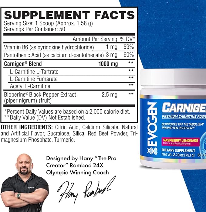 Evogen Carnigen - Premium Carnitine Powder | Supports Fat Metabolism & Promotes Recovery | Stimulant-Free L Carnitine Supplement Matrix with Acetyl L-Carnitine | Raspberry Lemonade | 50 Servings
