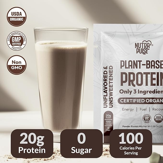 Organic Vegan Protein Powder Sample Pack – Plant-Based, Gluten-Free, Non-GMO, Dairy-Free, 28g Protein, Unflavored, Low-Carb, Keto-Friendly – Best for Smoothies & Shakes (24 Pack)