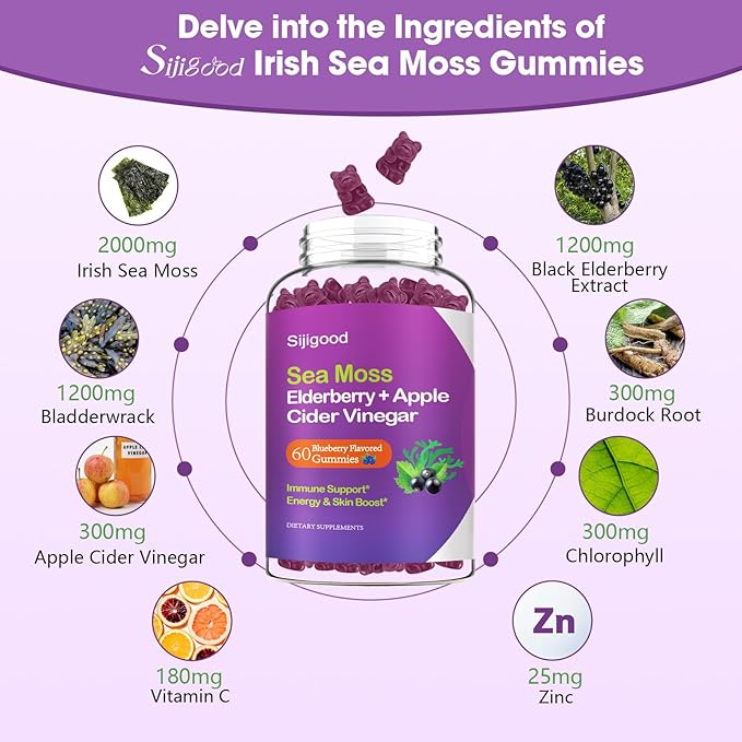 2 Pack Irish Sea Moss Gummies with Elderberry, Bladderwrack, Burdock, Chlorophyll - Digestion, Skin, Hair and Enhance Immunity - Adults Kids Women Men, 120 Blueberry Flavored Gummies