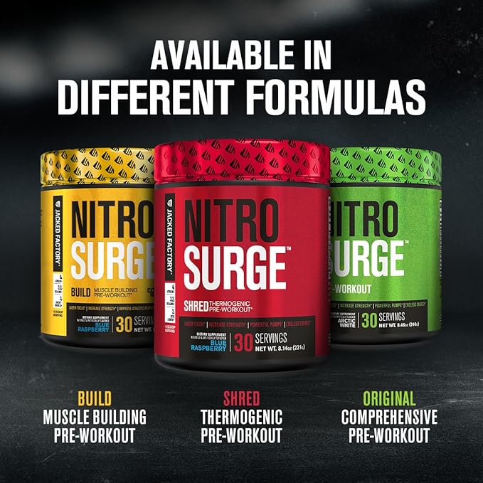 Jacked Factory NITROSURGE Pre Workout Supplement - Energy Booster, Instant Strength Gains, Clear Focus, & Intense Pumps - NO Booster & Powerful Preworkout Energy Powder - 60 Servings, Blue Raspberry