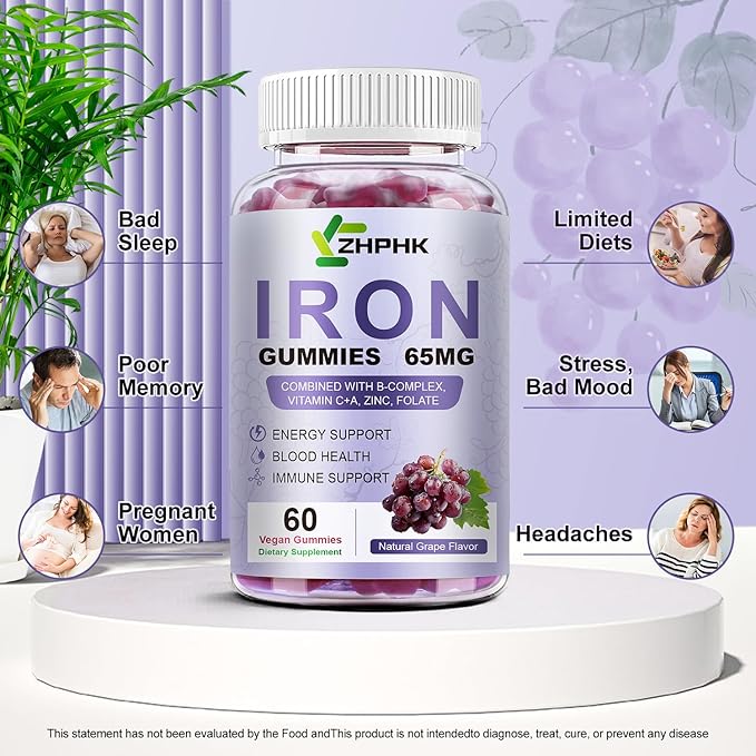 Iron Supplement for Women and Men, Grape Flavored Gummies 65mg and 250mg Vitamin C & Folate for Iron Deficiency and Anemia, Energy Support & Immune Health, 60 Count