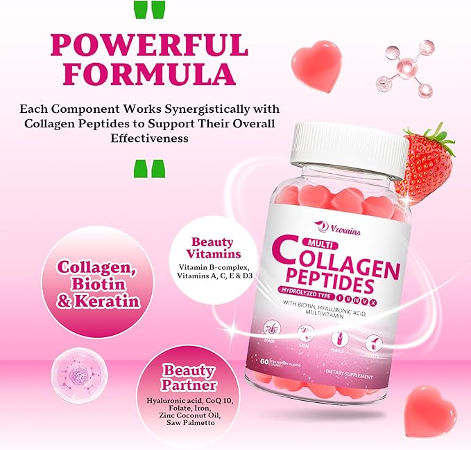 Multi Collagen Peptides Gummies, Collagen Gummies for Women & Men, Type I,II,III,V,X Protein with Biotin, Hyaluronic Acid, Vitamin C for Healthy Skin Support, Strawberry Flavored, Sugar Free, 60Cts