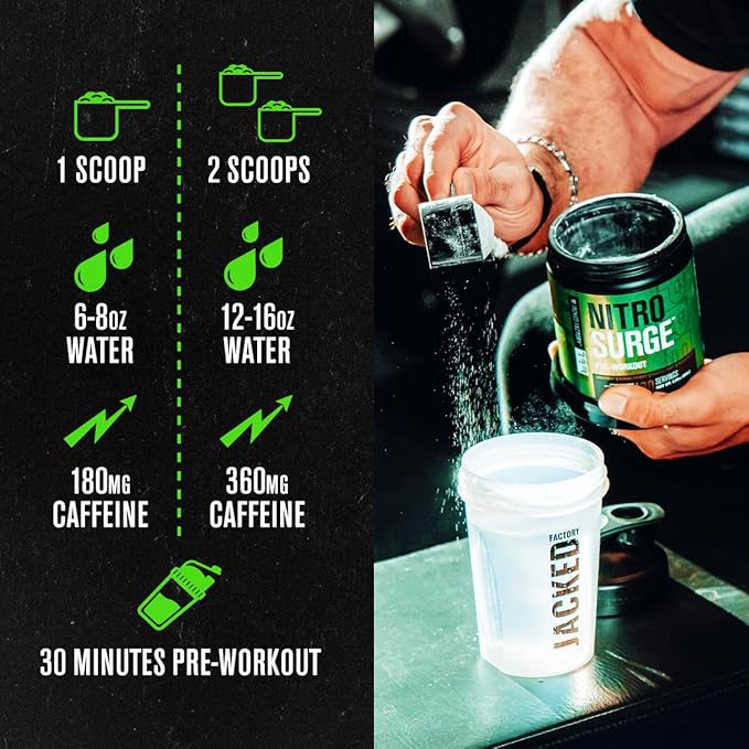 Jacked Factory NITROSURGE Pre Workout Supplement - Endless Energy, Instant Strength Gains, Clear Focus and Intense Pumps - NO Booster & Powerful Preworkout Energy Powder - 30 Servings, Black Cherry