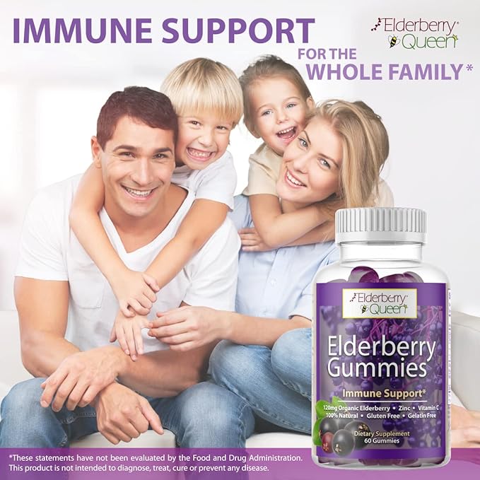 Elderberry Queen Organic Elderberry Gummies 60 ct - Immune Support Gummies with Vitamin C & Zinc - Elderberry Vitamin Gummies for Adults and Kids