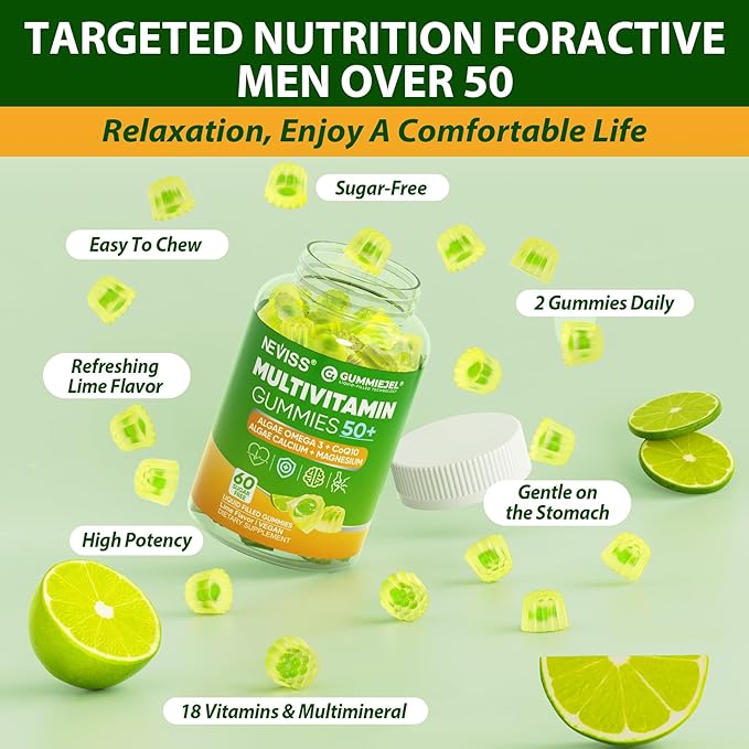 Multivitamin For Men 50 + Plus, Sugar Free Men Multivitamins Gummies w/Omega-3, Coq10, D3k2, Calcium, Magnesium, Zinc, Vitamins A, C & E, Mens Vitamins for π§πΎβ€π±π, Antioxidant, Brain, Bone, 60cts