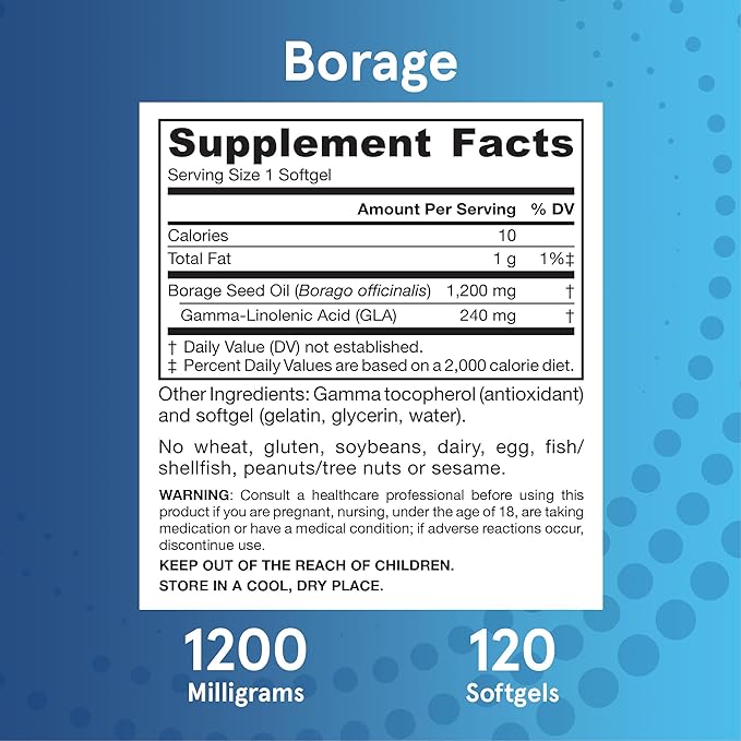 Jarrow Formulas Borage 1200 mg - 120 Softgels - Source of GLA - Borage Oil Supplement - For Skin Health & Immune System Support, Mild PMS Discomfort Support - Up to 120 Servings