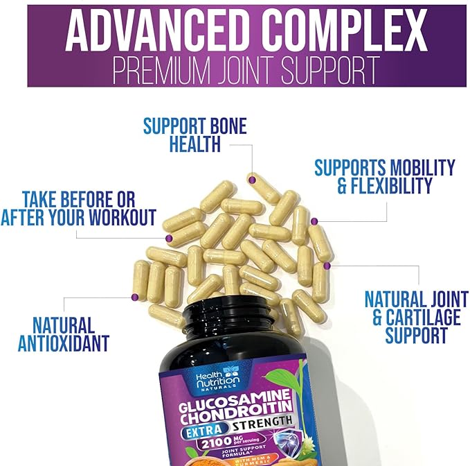 Glucosamine Chondroitin MSM Complex - 2100mg Joint Support Supplement with Turmeric & Boswellia - Quercetin for Joints, Bones, Knees & Mobility - Triple Strength Glucosamine Sulfate - 180 Capsules