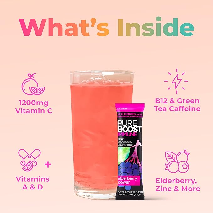 Pureboost Immune Clean Energy Booster, Refreshing Energy Drink Mix and Immunity Supplement with Elderberry, 1,200 mg Vitamin C, Vitamins A + D, and Zinc. Sugar-Free Energy (Combo Pack, 30 Count)