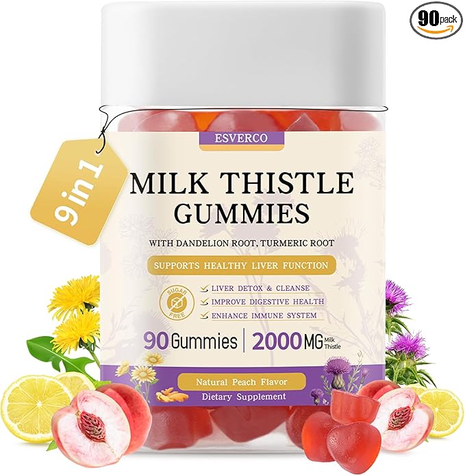 Milk Thistle Gummies with 2000MG Extract, Liver Health Support Gummies, Silymarin Milk Thistle Supplement with Artichoke, Dandelion, Turmeric Curcumin, No Sugar, for Adults, Vegan, 90 Count