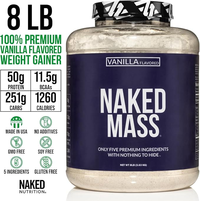 Vanilla Naked Mass - All Natural Vanilla Weight Gainer Protein Powder - 8lb Bulk, GMO Free, Gluten Free & Soy Free, No Artificial Ingredients - 1,260 Calories - 11 Servings