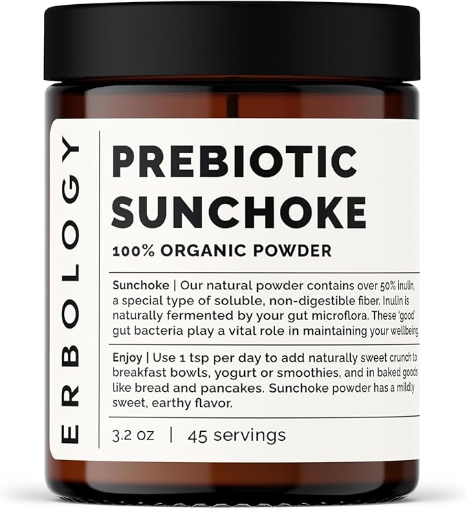 Erbology Organic Jerusalem Artichoke Powder 3.2 oz - 45 Servings - Sunchoke - 50% Prebiotic Inulin Fiber - Supports Gut Health and Promotes Diverse Microbiome - Feed Good Bacteria - Gluten-Free
