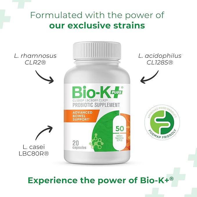 Bio K+ Advanced Bowel Support – Vegan Probiotics for Digestive Health, for Women & Men, Helps Normalize Bowel Habits & Occasional Discomfort, Gluten Free, Non GMO, 50 Billion CFU – 20 Capsules