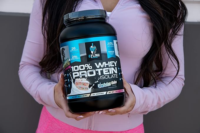 eFlow Nutrition 100% Whey Protein Isolate - Lactose-Free Digestive Enzymes Added, Low Carb, Post Workout Shake, Fast Digesting for Optimal Muscle Recovery - Birthday Cake (26 Servings)