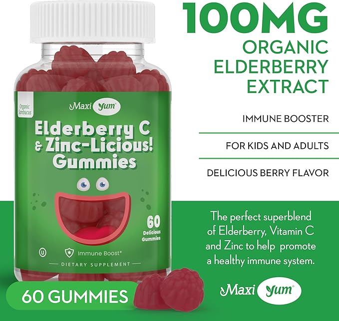 Elderberry Zinc Gummies - Organic Sambucus Elderberry Gummies with Zinc and Vitamin C - Vegan Immune Support for Adults and Kids - Chewable Elderberries Supplements for Immunity Boost - 60 Gummies