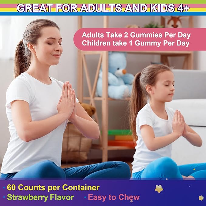 Magnesium Glycinate Gummies for Adults & Kids 4+, Sugar Free Magnesium Bisglycinate Supplement 400/200mg with B6D3, 5HTP, L-Theanine for Sleep & Relaxation, Brain, Muscle, Melatonin Free Gummies,2Pack