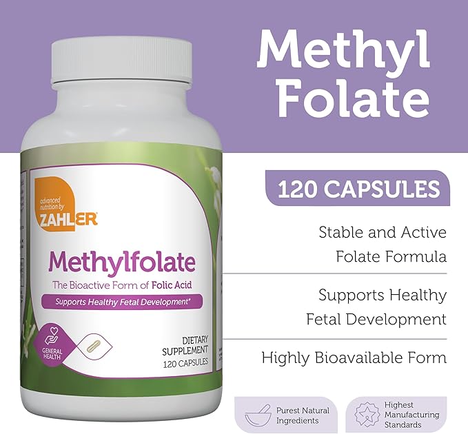 Zahler Methylfolate - Supports Healthy Fetal Development and Genetic Health - Methylated Folic Acid from 1000 mcg DFE L-Methylfolate - Kosher Non GMO Methyl Folate Supplement for Women (120 Capsules)