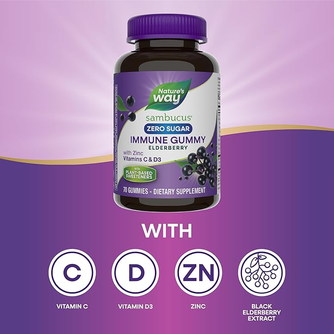 Nature's Way Sambucus Zero Sugar Immune Gummies, Daily Immune Support*, Black Elderberry Extract, Vitamin C, Vitamin D3, Zinc, Sugar Free, Sugar Alcohol Free, Plant-Based Sweeteners, 70 Gummies