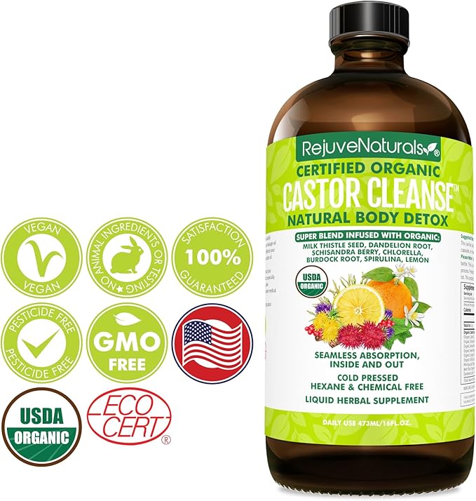 RejuveNaturals Castor Cleanse™ - USDA Organic Castor Oil, Chlorella, Spirulina, Roots & Greens for Wellness, Digestive Support, Daily Balance. 3-Month Supply Gut Cleanse Detox for Women & Men - 16oz.