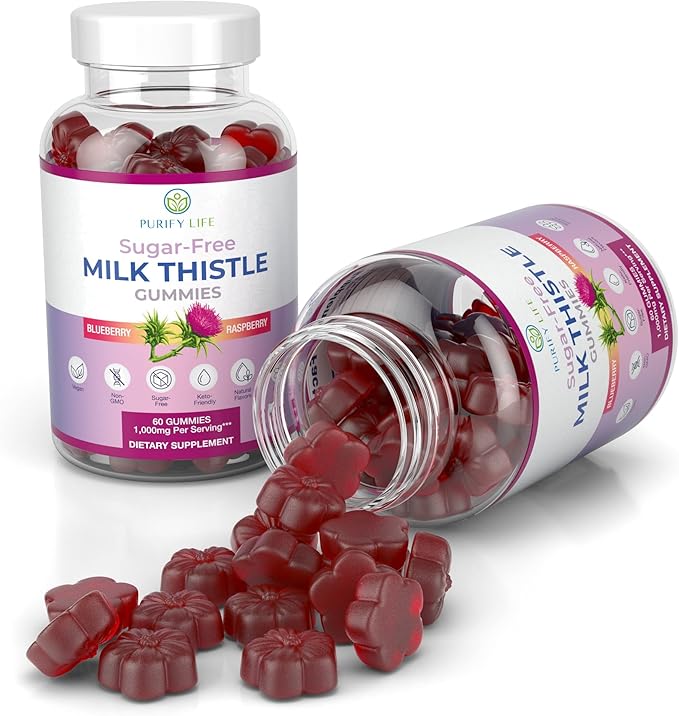 Purify Life Sugar-Free Milk Thistle Gummies for Liver Cleanse, Detox & Cell Repair (1000mg/serv) Cardo Mariano, Milk Thistle Extract & Antioxidant Support, Vegan, Replaces Pills & Capsules