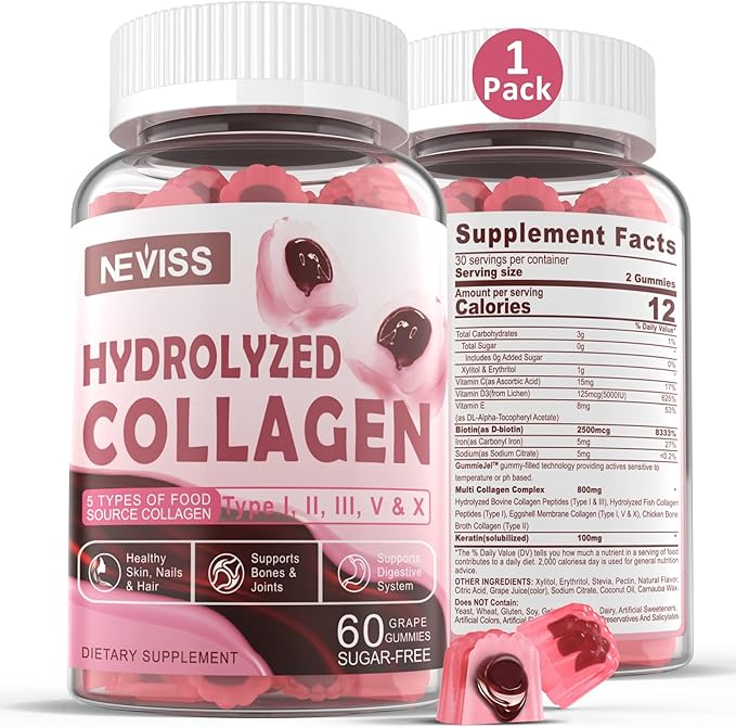 Collagen Gummies for Women Men, 800mg Hydrolyzed Collagen Peptides Gummies Multi Peptides Type I II III V & X, 2500mcg Biotin Keratin Vitamin D3 C E for Healthy Skin Hair Nails and Bone, 1 Pack