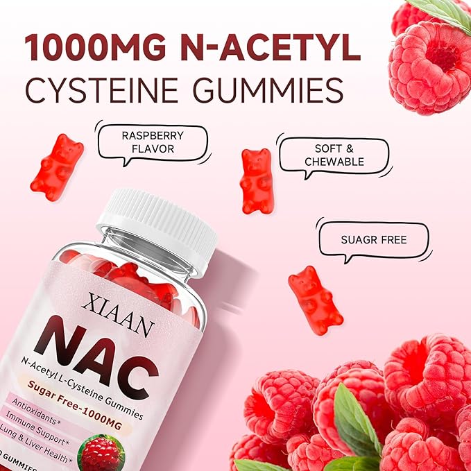NAC Gummies for Kids & Adults, N Acetyl Cysteine 1000mg NAC Supplement for Antioxidants & Immune Support, Lung & Liver Health, Raspberry Flavor 120 Count